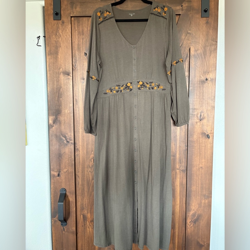 Garnet Hill Olive Long Sleeve Dress with Floral Accents